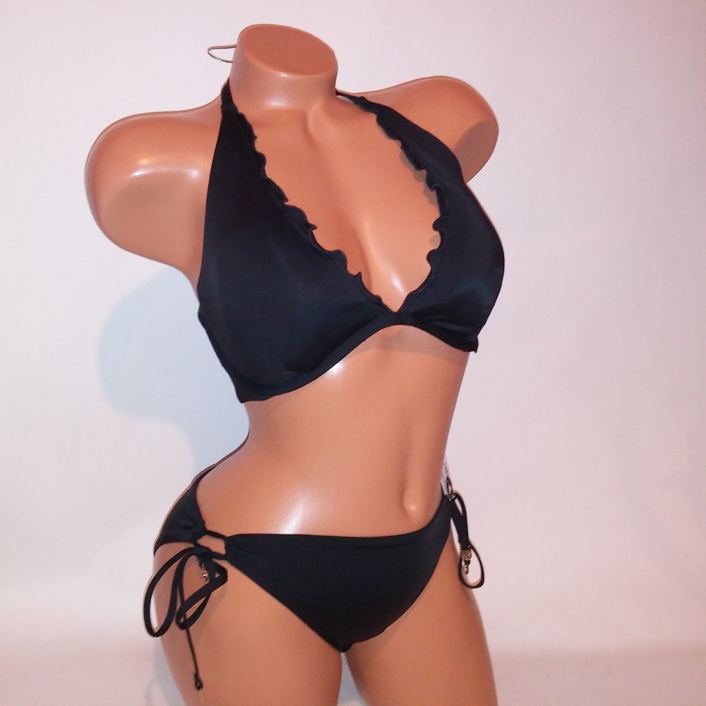Victoria Secret Swim Bikini 34DD Top Large Bottom Padded Black Solid Scallop New